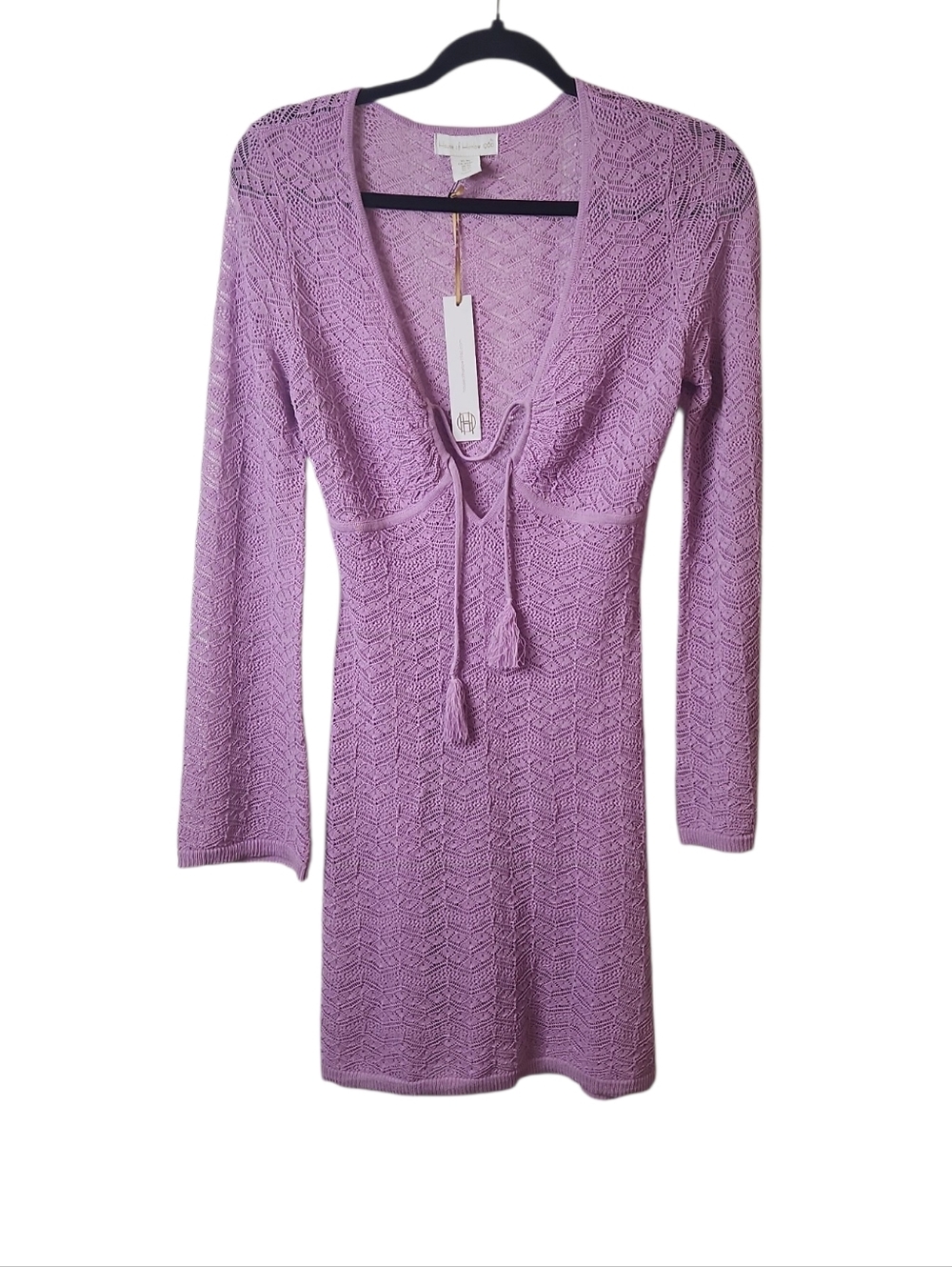 NWT House Of Harlow 1960 Lavender/Pink Crochet Knit Bell Sleeve Dress Size XS